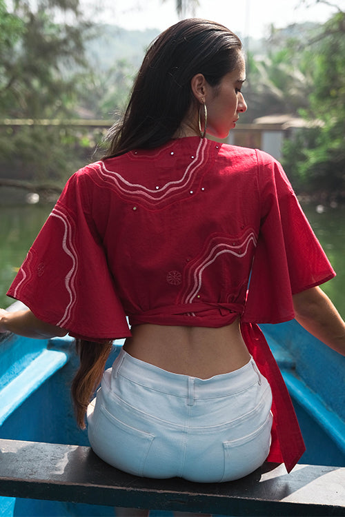 Okhai 'Coast' Pure Cotton Hand Embroidered Mirror Work Wrap Top