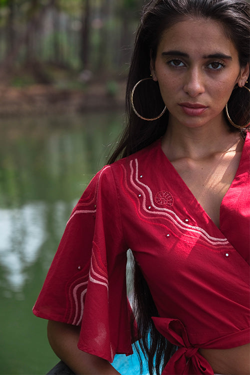 Okhai 'Coast' Pure Cotton Hand Embroidered Mirror Work Wrap Top