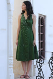 Dandelions Green Pure Cotton Mirror Work Hand Embroidered Dress Online
