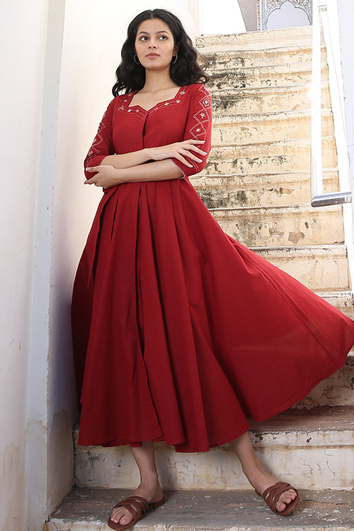 Sanguine Red Hand Embroidered Mirror Work Pure Cotton Dress For Women Okhaistore Sanguine Red Hand Embroidered Mirror Work Pure Cotton Dress For Women Okhaistore
