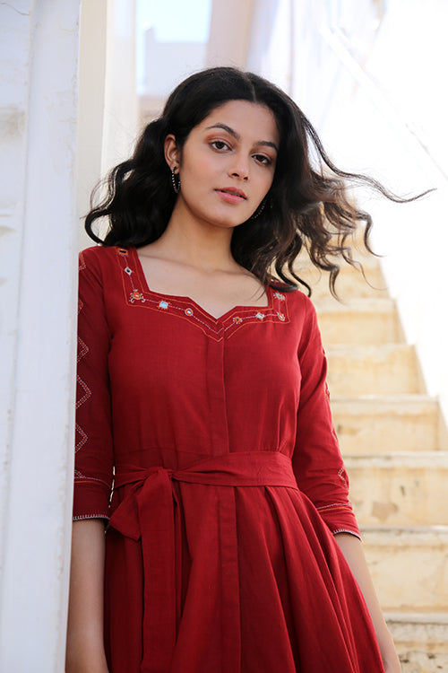 Okhai 'Sanguine' Pure Cotton Hand Embroidered Mirror Work Dress