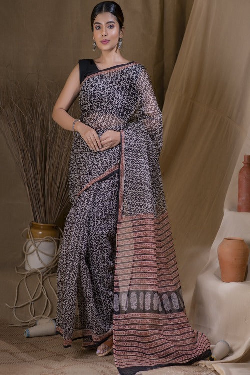 Black Bagru Block Printed Kota Doria Saree Online