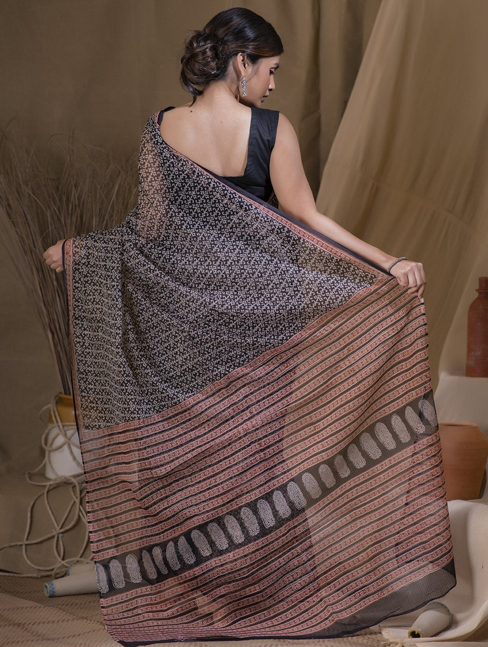 Light & Cool. Bagru Block Printed Kota Doria Saree - Black Print (Without Blouse Piece)