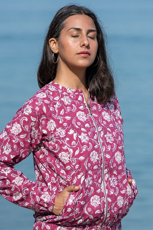 Okhai 'Peace Lily' Pure Cotton Hand Embroidered Bomber Jacket