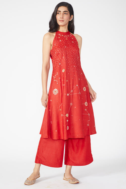 Helios Embroidered Red Kurti Pant Set With Dupatta Online