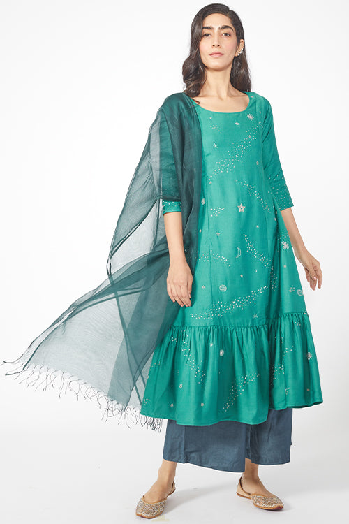 Utopia Embroidered Blueish Green Kurti Pant Set With Dupatta Online