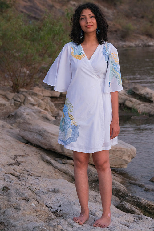 Okhai 'Pool' Pure Cotton Hand Embroidered Mirror Work Wrap Dress Okhaistore Okhai 'Pool' Pure Cotton Hand Embroidered Mirror Work Wrap Dress Okhaistore