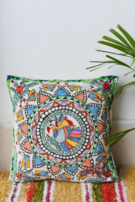 Madhubani Painting Peacock Design Cushion-1 – Okhaistore