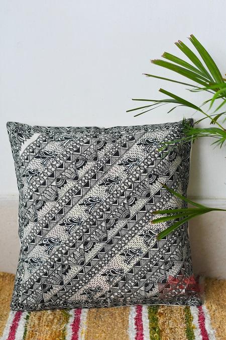 Madhubani Painting Mithila Border Handpainted Cushion-27