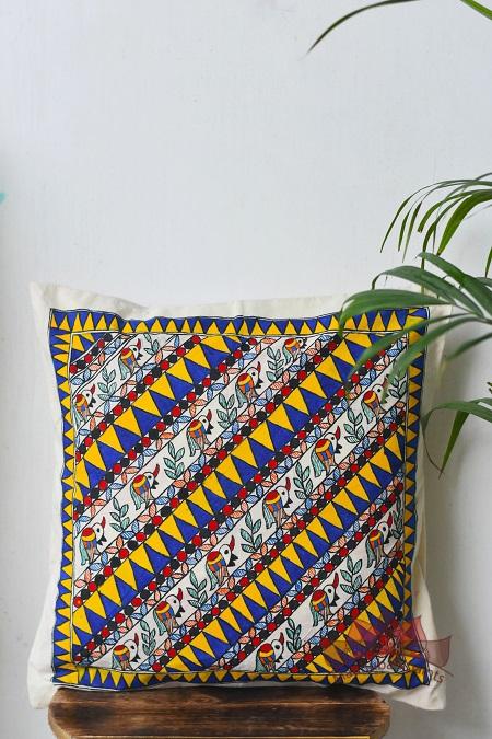 Madhubani Painting Peacock Border Design Cushion-2