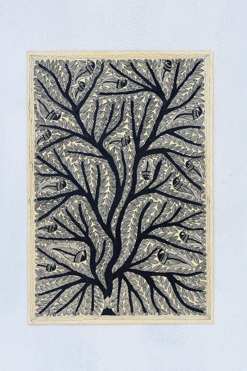 Madhubani Paints 'Minimal Forest' Madhubani Handpainted Handmade Paper Wall Hanging