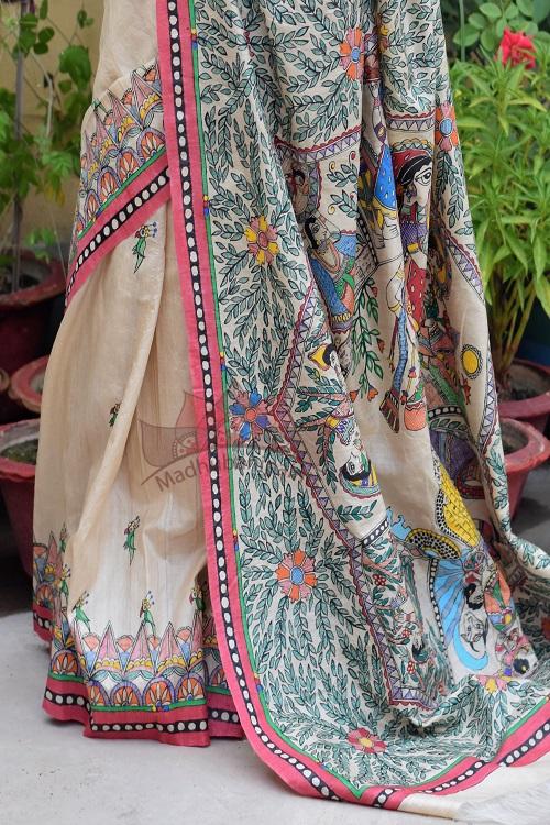 Krishna Leela Hand Painted Tussar Silk Madhubani Saree Online