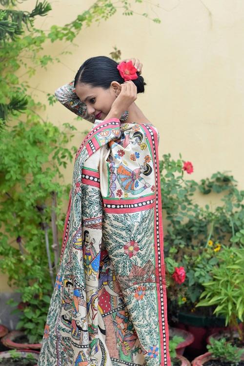 Krishna leela handpainted madhubani tussar silk saree