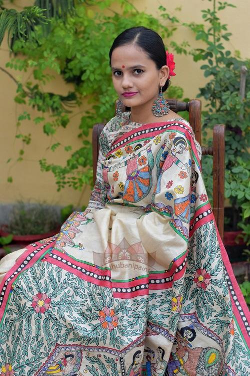 Krishna leela handpainted madhubani tussar silk saree