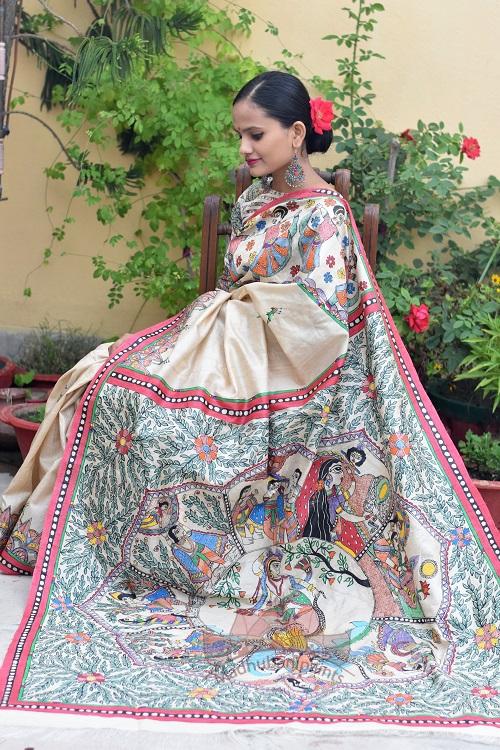 Krishna Leela Hand Painted Tussar Silk Madhubani Saree Online