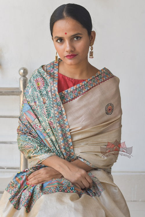 Matasya Lila Madhubani Painting Saree
