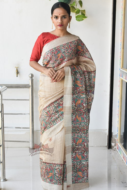 Mayuri Tussar Madhubani Saree
