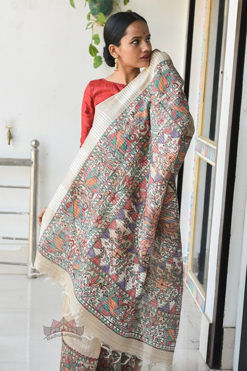 Mayuri Tussar Madhubani Saree