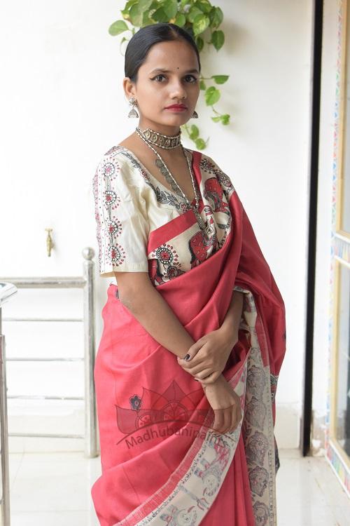 Navdurga Red Handpainted Madhubani Tussar Silk Saree