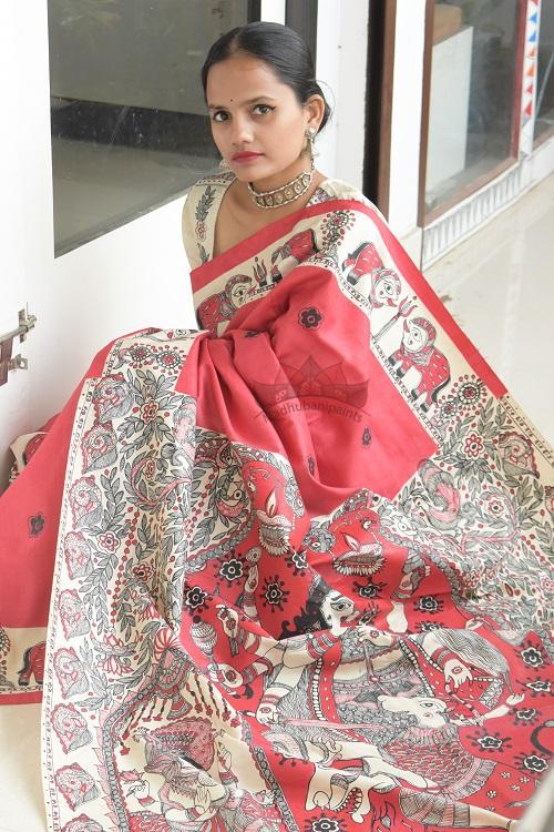 Navdurga Red Handpainted Madhubani Saree Online