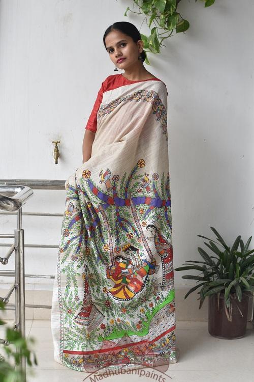Jhule Nandgopal Hand Painted Madhubani Saree Online