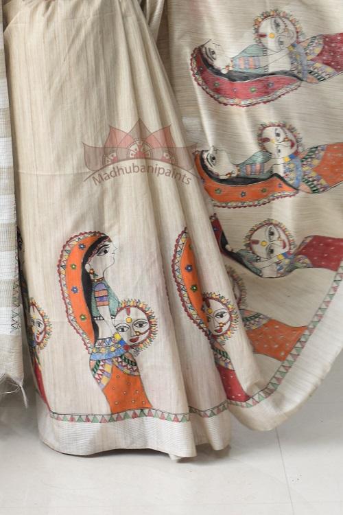 Jhule Nandgopal Handpainted Madhubani Saree