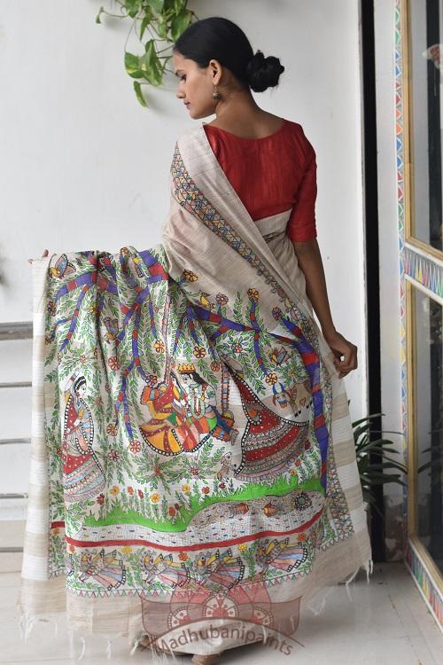 Jhule Nandgopal Hand Painted Madhubani Saree Online