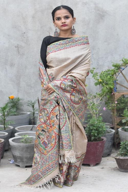 Puja Ceremony Tusaar Handpainted Madhubani Silk Saree Online