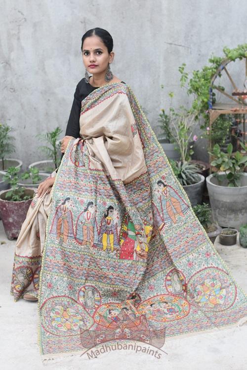 Puja Ceremony Tusaar Handpainted Madhubani Silk Saree Online