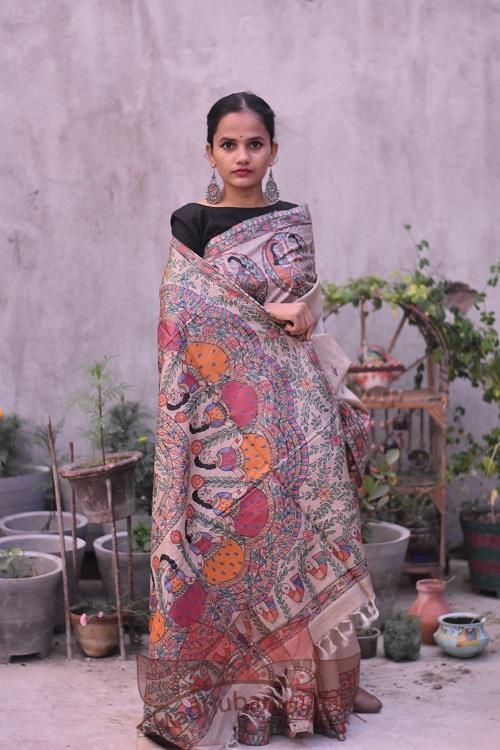 Okhai Gopi Katha Handpainted Madhubani Painting Saree Online