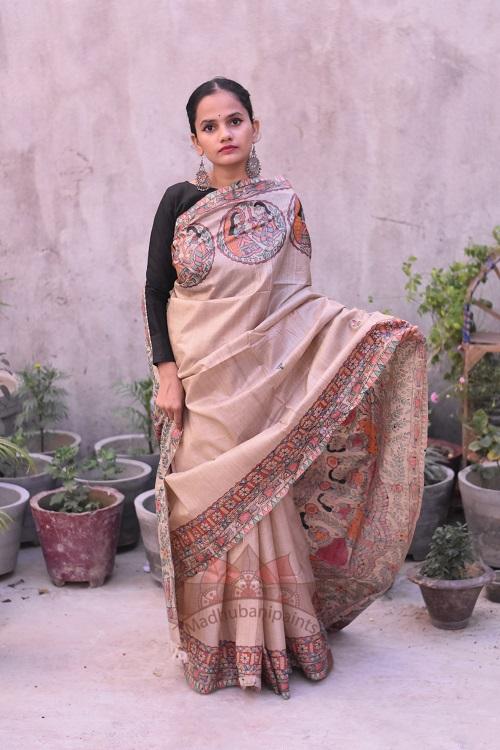Gopi Katha Madhubani Handpainted Tussar Silk Saree