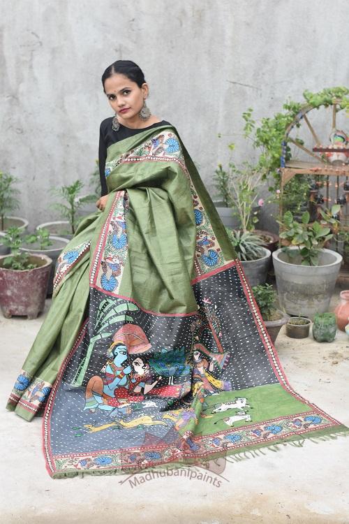 Krishna Baarish Hand Painted Tussar Silk Madhubani Saree Online