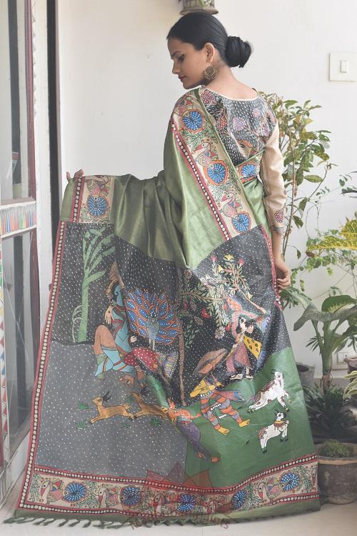 Krishna Baarish Madhubani Handpainted Saree