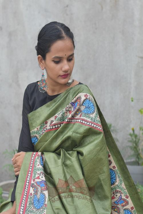 Krishna Baarish Madhubani Handpainted Saree