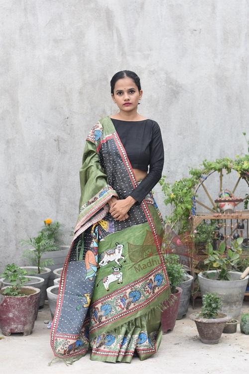 Krishna Baarish Hand Painted Tussar Silk Madhubani Saree Online