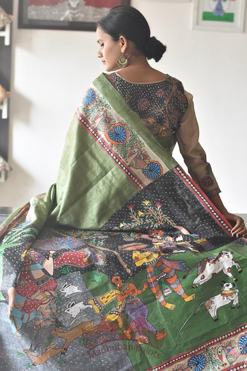 Krishna Baarish Madhubani Handpainted Saree