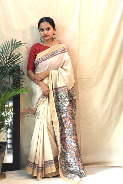 Madhubani Paints Peacock on Tree Madhubani Handpainted Saree Online