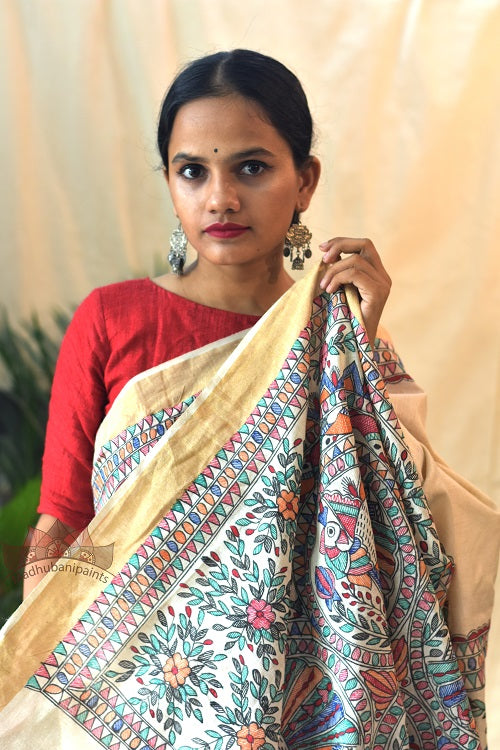 Madhubani Paints Peacock on Tree Madhubani Handpainted Saree Online