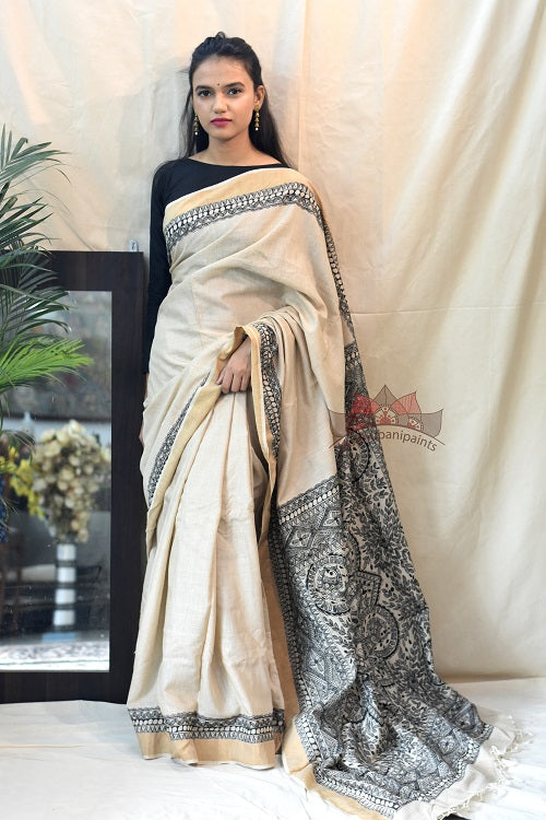 Black Minimal Hand Painted Tussar Silk Madhubani Paints Saree Online