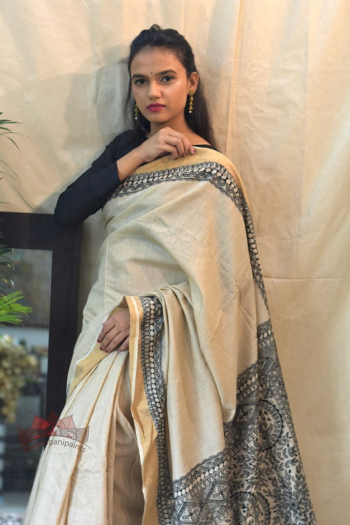 Madhubani Paints Black-Minimal Madhubani Handpainted Saree