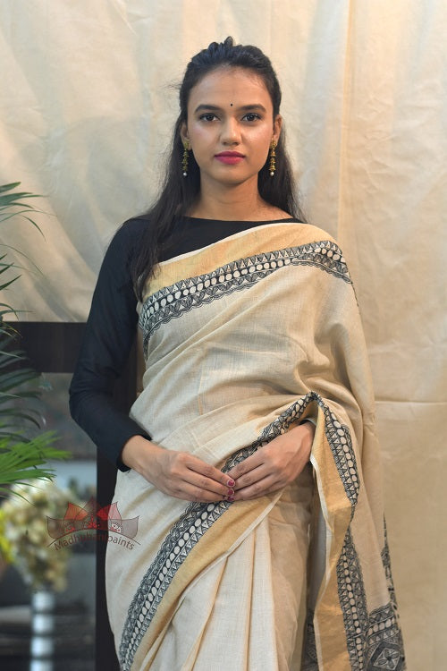 Black Minimal Hand Painted Tussar Silk Madhubani Paints Saree Online