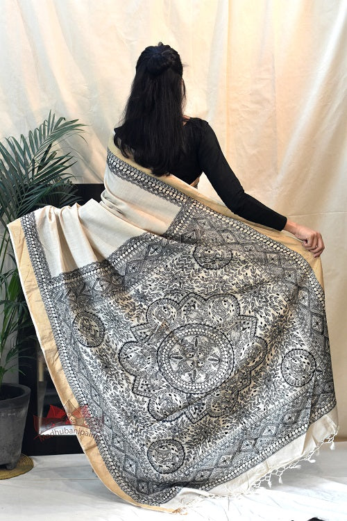 Madhubani Paints Black-Minimal Madhubani Handpainted Saree