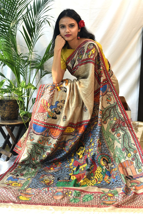 Durga Avatar Hand Painted Tussar Silk Madhubani Paints Saree Online