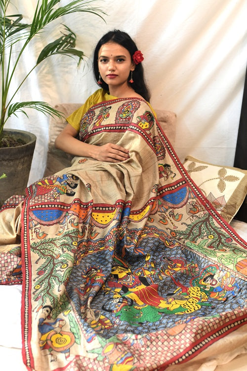 Durga Avatar Hand Painted Tussar Silk Madhubani Paints Saree Online