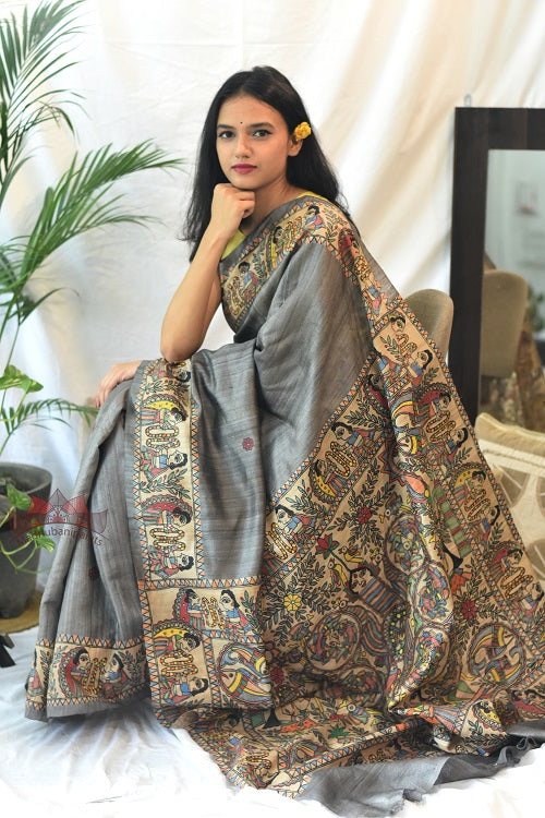 Madhubani Paints Ram Sita Varnmala Kohbar Madhubani Handpainted Saree