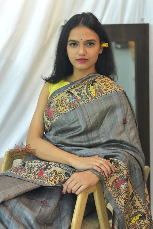 Madhubani Paints Ram Sita Varnmala Kohbar Madhubani Handpainted Saree