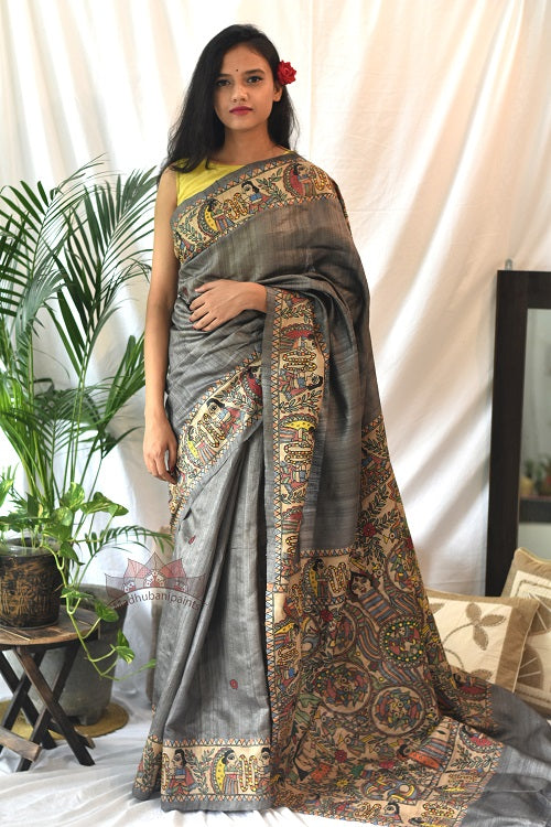 Madhubani Paints Ram Sita Varnmala Kohbar Madhubani Handpainted Saree