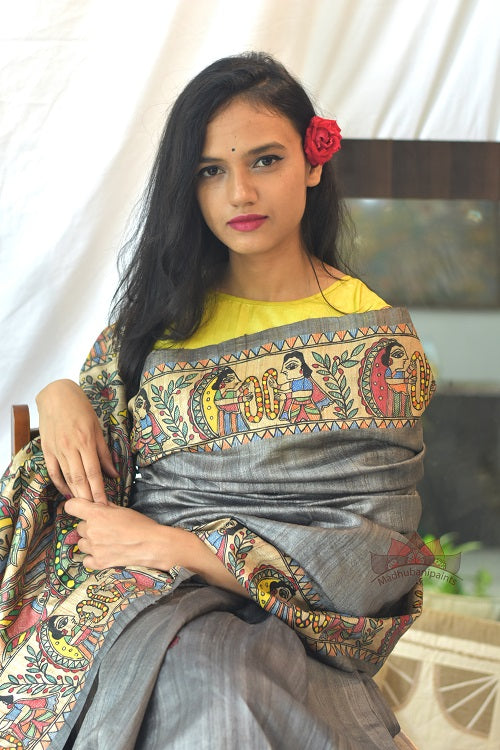 Madhubani Paints Ram Sita Varnmala Kohbar Madhubani Handpainted Saree