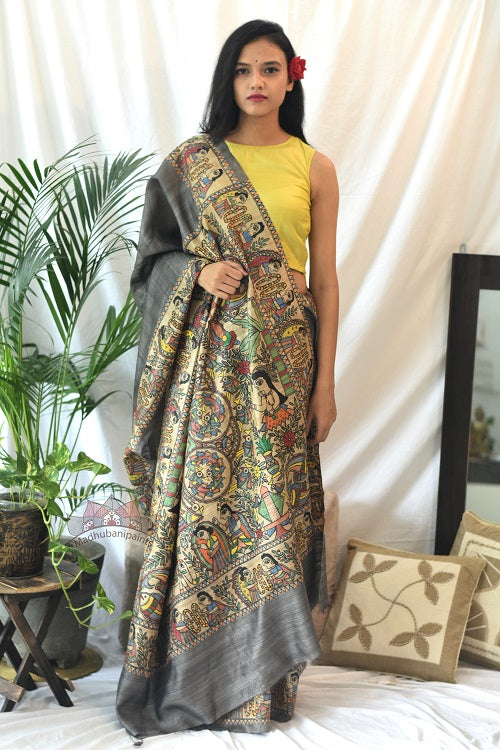 Madhubani Paints Ram Sita Varnmala Kohbar Madhubani Handpainted Saree