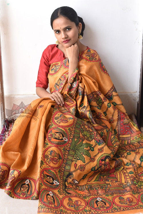 Bengali Vivah Hand Painted Tussar Silk Madhubani Paints Saree Online